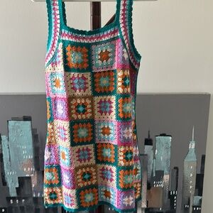 Handmade Crochet Mini Dress in Teal, Pink & Orange